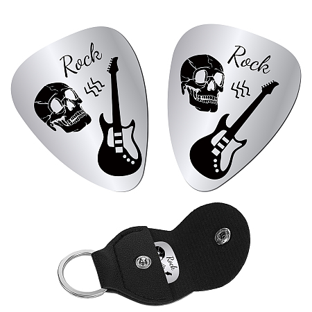 CREATCABIN 2pcs Stainless Steel Guitar Picks Rock Guitar Pick Music Gift Electric Guitar Bass Rock Pick Accessories Love Gifts for Husband Boyfriend Son Father with PU Leather Keychain 1.26 x 1 Inch