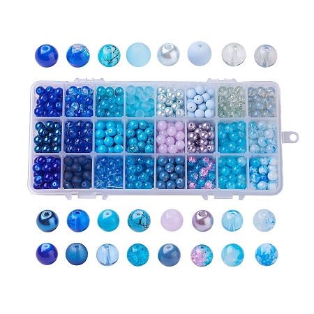 Arricraft Mixed Style Glass Beads, Dyed, Round, 24 Colors, Gradient Color, Blue, 8mm, Hole: 1.3~1.6mm, about 27~30pcs/color, 648~720pcs/box