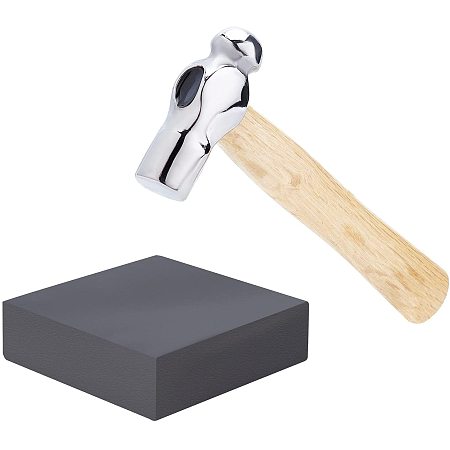 BENECREAT 6 Inch Mini Jewelry Hammer Iron Head Ball Pein Hammer with 10x10x3cm Black Square Rubber Bench Block for Jewelry Making DIY Crafts