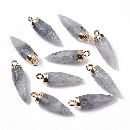 Honeyhandy Top Golden Plated Natural Labradorite Pointed Pendants, with Iron Loops, Faceted, Bullet, 25~26x7~8mm, Hole: 1.8mm