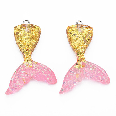 ARRICRAFT Resin Pendants, with Glitter Powder and Iron Findings, Mermaid Tail Shape, Platinum, Gold, 46x30x6mm, Hole: 2mm