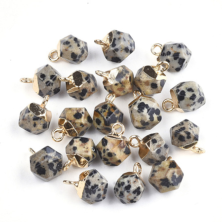 Honeyhandy Electroplate Natural Dalmatian Jasper Charms, with Iron Findings, Faceted, Golden, 11~12x8x8mm, Hole: 1.5mm