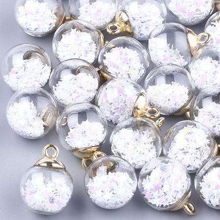 Honeyhandy Glass Ball Pendants, with Glitter Sequins and CCB Plastic Findings, Round with Star, White, 21x15.5~16mm, Hole: 2mm