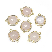 Honeyhandy Natural Rose Quartz Links connectors, with Golden Tone Brass Findings and Cubic Zirconia, Faceted, Square, Clear, 18.5~19x13.5x4.5mm, Hole: 1.6mm