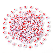 Honeyhandy White Opaque Acrylic Beads, Flat Round with Heart & Flower & Moon & Star, FireBrick, 7x4mm, Hole: 1.6mm, 200pcs/set