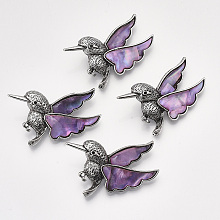 Honeyhandy Shell Brooches/Pendants, with Resin Bottom and Alloy Findings, Bird, Antique Silver, Plum, 31~32x53.5x12~12.5mm, hole: 6x3mm, Pin: 0.7mm