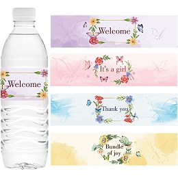 CREATCABIN 100Pcs 4 Styles Butterfly Shower Party Water Bottle Labels Party Decorations Supplies Birthday Waterproof Self-Adhesive Stickers Wrappers for Shower Gender Reveal