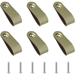 GORGECRAFT 6Pcs Leather Handles Vintage Cabinet Door Handle Olive Color Leather Drawer Pulls for Kitchen Bathroom Cabinets Cupboards Wardrobe Dresser, 143x25mm