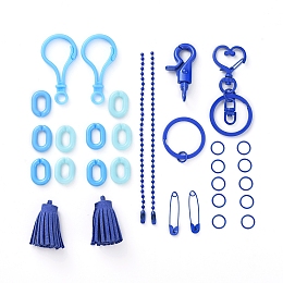 Honeyhandy DIY Keychain Making, with Spray Painted Brass Split Key Rings, Brass Swivel Clasps, Iron Heart Key Clasps, Eco-Friendly Iron Ball Chains with Connectors and Acrylic Linking Rings, Blue, 31pcs/set