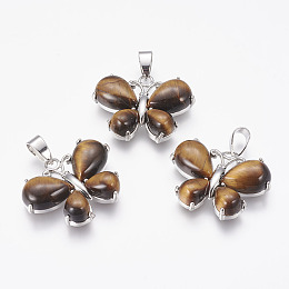 Honeyhandy Natural Tiger Eye Pendants, Butterfly, with Brass Finding, Platinum, 24x30x7.5~8mm, Hole: 4x7.5mm