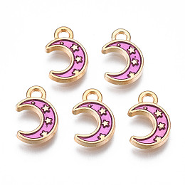 Honeyhandy Light Gold Plated Alloy Enamel Pendants, Moon with Star, Deep Pink, 11.5x7.5x1.5mm, Hole: 1.5mm