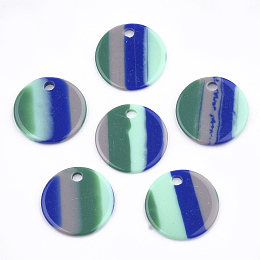 Honeyhandy Resin Pendants, Flat Round, Stripe Pattern, Green, 15x1~1.5mm, Hole: 1.8mm