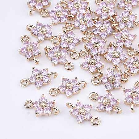 Honeyhandy Transparent Glass Links connectors, with Brass Findings, Faceted, Flower, Light Gold, Pearl Pink, 12.5x8x4mm, Hole: 1.4mm