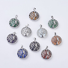 Honeyhandy Natural & Synthetic Mixed Stone Pendants, with Brass Findings, Flat Round with Tree of Life, Platinum, 31~32x27x8~9mm, Hole: 5x7mm