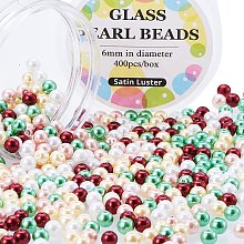 ARRICRAFT 1 Box(about 400pcs) 6mm Mixed Color Pearlized Glass Pearl Beads Hole: 0.7~1mm- Christmas Mix