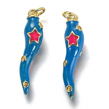 Honeyhandy Brass Enamel Pendants, Long-Lasting Plated, Real 18K Gold Plated, Horn of Plenty, Italian Horn Cornicello, Steel Blue, 26x6x6mm, Hole: 3.3mm