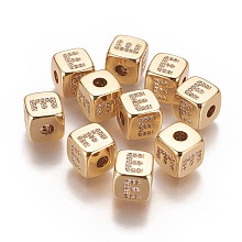 Honeyhandy Brass Micro Pave Cubic Zirconia Beads, Horizontal Hole, Real 18K Gold Plated, Long-Lasting Plated, Cube with Letter, Clear, Letter.E, 9x9x9mm, Hole: 3.5mm