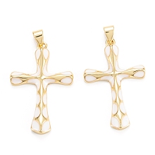 Honeyhandy Brass Enamel Pendants, Real 18K Gold Plated, Long-Lasting Plated, Cross, White, 32.5x21.5x3.5mm, Hole: 5x3mm