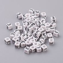 Honeyhandy Acrylic Horizontal Hole Letter Beads, Cube, White, Letter E, Size: about 6mm wide, 6mm long, 6mm high, hole: about 3.2mm, about 2600pcs/500g