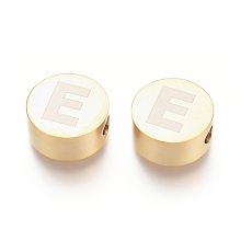 Honeyhandy 304 Stainless Steel Beads, Flat Round with Letter, Letter.E, 10x4.5mm, Hole: 2mm