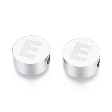 Honeyhandy 304 Stainless Steel Beads, Flat Round with Letter, Letter.E, 10x4.5mm, Hole: 2mm