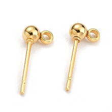 Honeyhandy 304 Stainless Steel Ball Post Stud Earring Findings, with Loop and 316 Surgical Stainless Steel Pin, Real 18k Gold Plated, 13x5x3mm, Hole: 1.2mm, Pin: 0.7mm