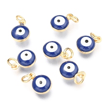 Honeyhandy Brass Enamel Beads, Real 18K Gold Plated,Long-Lasting Plated, with Jump Ring, Flat Round with Evil Eye, Slate Blue, 9.5x6.5x4.5mm, Hole: 2.5mm