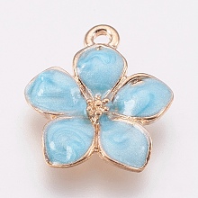 Honeyhandy Zinc Alloy Enamel Pendants, Flower, Golden, Light Sky Blue, 16.5x14.5x2.5~3mm, Hole: 1.5mm