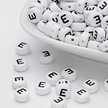 Honeyhandy Acrylic Beads, with Horizontal Hole, Letter, Flat Round, Letter.E, 7x4mm, Hole: 1mm, about 146pcs/20g