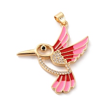 Honeyhandy Brass Micro Pave Clear Cubic Zirconia Pendants, with Enamel, Long-Lasting Plated, Real 18K Gold Plated, Bird, FireBrick, 33.5x31x2mm, Hole: 3x4mm