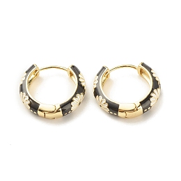 Honeyhandy Daisy Flower Enamel Hoop Earrings, Gold Plated Brass Hinged Earrings for Women, Black, 20x22x5mm, Pin: 0.9mm