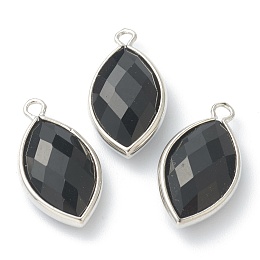 Honeyhandy Natural Obsidian Pendants, with Platinum Brass Edge, Faceted, Horse Eye, 22x12x5.5mm, Hole: 1.8mm