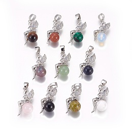 Honeyhandy Natural & Synthetic Mixed Stone Pendants, with Platinum Tone Brass Findings, Fairy, 25~26x12~13x8mm, Hole: 3.5x5.5mm