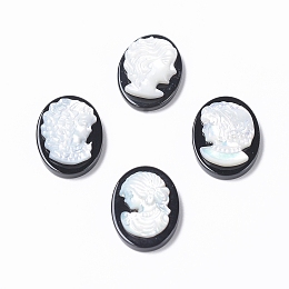 Honeyhandy Natural Black Agate Cameo Cabochons, with Shell, Oval with Women Portrait, White, 18x13x4~4.5mm