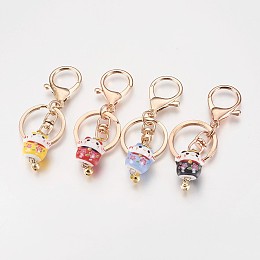 Honeyhandy Handmade Porcelain Kitten Keychain, with Alloy Lobster Clasps, Iron Bell & Key Rings, Maneki Neko/Beckoning Cat, Golden, Mixed Color, 92mm