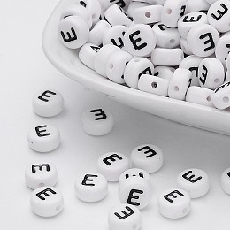 Honeyhandy Acrylic Beads, with Horizontal Hole, Letter, Flat Round, Letter.E, 7x4mm, Hole: 1mm, about 3500pcs/500g