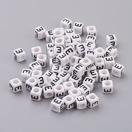 Honeyhandy Acrylic Horizontal Hole Letter Beads, Cube, White, Letter E, Size: about 6mm wide, 6mm long, 6mm high, hole: about 3.2mm, about 2600pcs/500g