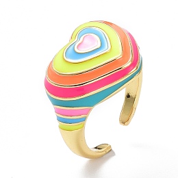 Honeyhandy Brass Enamel Cuff Rings, Real 18K Gold Plated, Long-Lasting Plated, Heart, Colorful, US Size 6 1/2(16.9mm), 2.5~5mm