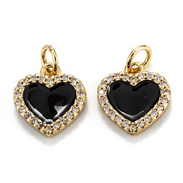 Honeyhandy Brass Micro Pave Clear Cubic Zirconia Pendants, with Enamel, Real 18K Gold Plated, Long-Lasting Plated, Heart, Black, 12x11x2mm, Hole: 3.2mm