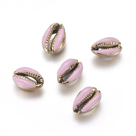 Electroplated Cowrie Shell Beads, with Enamel, Undrilled/No Hole Beads, Golden, Pink, 18~22x13~15x7~8mm