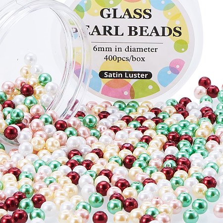 ARRICRAFT 1 Box(about 400pcs) 6mm Mixed Color Pearlized Glass Pearl Beads Hole: 0.7~1mm- Christmas Mix