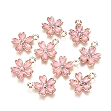 Alloy Enamel Pendants, with Crystal Rhinestone, Sakura Flower, Golden, Pink, 17x14x2.5mm, Hole: 1.6mm