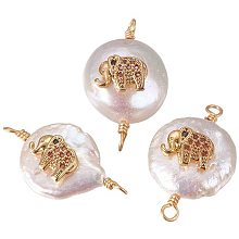 CHGCRAFT About 10pcs Natural Pearl Links with Cubic Zirconia and Brass Findings Flat Round with Elephant Shape Charms Golden and Chocolate Color Links for DIY Jewelry Making