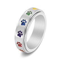 Honeyhandy Rainbow Color Pride Flag Enamel Dog Paw Print Rotating Ring, Stainless Steel Fidge Spinner Ring for Stress Anxiety Relief, Stainless Steel Color, US Size 9(18.9mm)