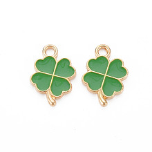 Honeyhandy Alloy Enamel Pendants, Clover, Light Gold, Medium Sea Green, 18x12x2mm, Hole: 2mm