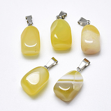 Honeyhandy Natural Banded Agate/Striped Agate Pendants, Dyed, with Stainless Steel Snap On Bails, Cuboid, Stainless Steel Color, Champagne Yellow, 20~23x9~13x9~13mm, Hole: 3~4x7~8.5mm