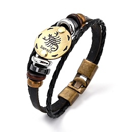 Honeyhandy Braided Leather Cord Retro Multi-strand Bracelets, with Wood Beads, Hematite Beads and Alloy Findings, Flat Round,  Antique Bronze, Scorpio, 8-1/4 inch(21cm)