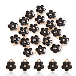 Light Gold Plated Alloy Enamel Pendants, Flower Charm, Black, 13x11.5x3mm, Hole: 1.6mm