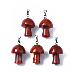 Honeyhandy Natural Red Jasper Pendants, with Stainless Steel Snap On Bails, Mushroom Shaped, 24~25x16mm, Hole: 5x3mm