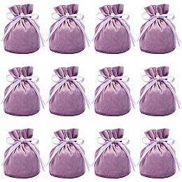 NBEADS 12 Pcs Velvet Bags, Drawstring Pouches Jewelry Storage Bags with Plastic Imitation Pearl for Christmas Wedding Birthday Party Favors, Medium Purple, 13.2x14cm